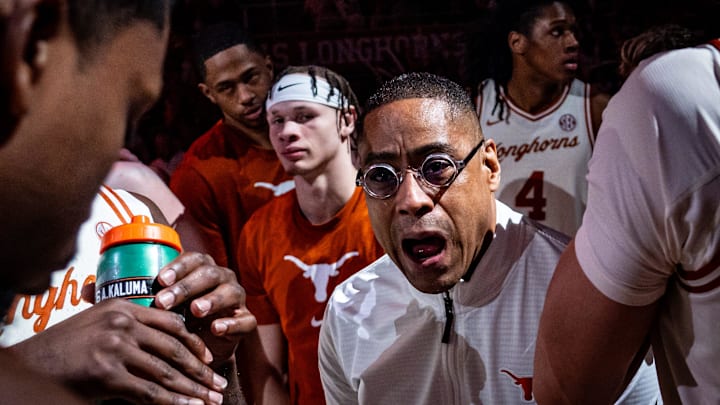 Texas Longhorns head coach Rodney Terry coaches his team ahead of the Longhorns' game against the Sooners at the Moody Center in Austin, March 8, 2025.
