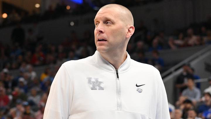 Mar 20, 2026; St. Louis, MO, USA; Kentucky Wildcats head coach Mark Pope looks on against the Santa Clara Broncos during the first half of a first round game of the men's 2026 NCAA Tournament at Enterprise Center. Mandatory Credit: Jeff Curry-Imagn Images Mar 20, 2026; St. Louis, MO, USA; Kentucky Wildcats head coach Mark Pope looks on against the Santa Clara Broncos during the first half of a first round game of the men's 2026 NCAA Tournament at Enterprise Center. Mandatory Credit: Jeff Curry-Imagn Images