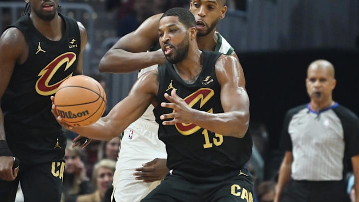 Jan 17, 2024; Cleveland, Ohio, USA; Milwaukee Bucks forward Khris Middleton (22) goes for a loose