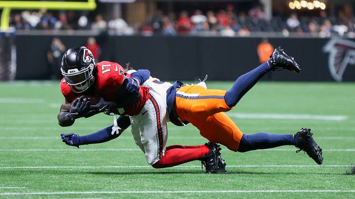 Aug 14, 2026; Atlanta, Georgia, USA; Atlanta Falcons wide receiver Zachariah Branch (17) is tackled by Denver Broncos cornerback Reese Taylor (35) in the second quater at Mercedes-Benz Stadium. Mandatory Credit: Brett Davis-Imagn Images Aug 14, 2026; Atlanta, Georgia, USA; Atlanta Falcons wide receiver Zachariah Branch (17) is tackled by Denver Broncos cornerback Reese Taylor (35) in the second quater at Mercedes-Benz Stadium. Mandatory Credit: Brett Davis-Imagn Images