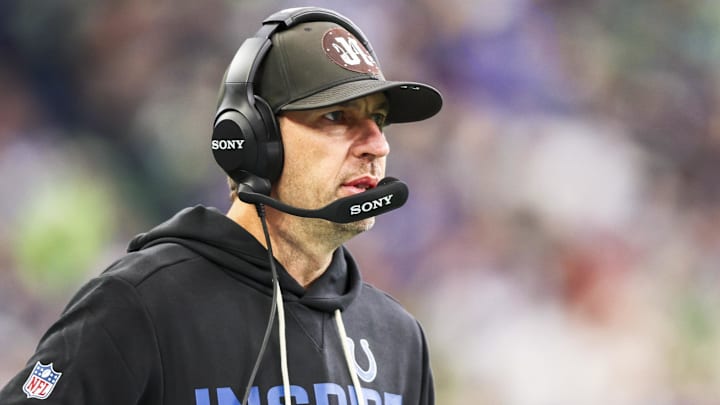 Dec 14, 2025; Seattle, Washington, USA; Indianapolis Colts head coach Shane Steichen stands on the sideline during the fourth quarter against the Seattle Seahawks at Lumen Field. 