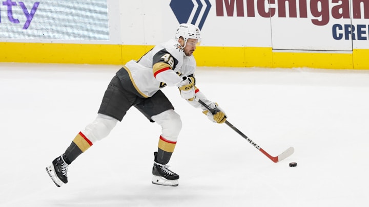Mar 4, 2026; Detroit, Michigan, USA;  Vegas Golden Knights center Tomas Hertl (48) skates with the puck in the first period against the Detroit Red Wings at Little Caesars Arena. Mandatory Credit: Rick Osentoski-Imagn Images