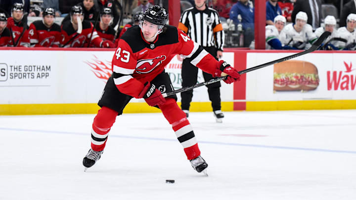 Dec 14, 2025; Newark, New Jersey, USA; New Jersey Devils defenseman Luke Hughes (43) takes a slap shot against the Vancouver Canucks during the second period at Prudential Center. Mandatory Credit: John Jones-Imagn Images Dec 14, 2025; Newark, New Jersey, USA; New Jersey Devils defenseman Luke Hughes (43) takes a slap shot against the Vancouver Canucks during the second period at Prudential Center. Mandatory Credit: John Jones-Imagn Images