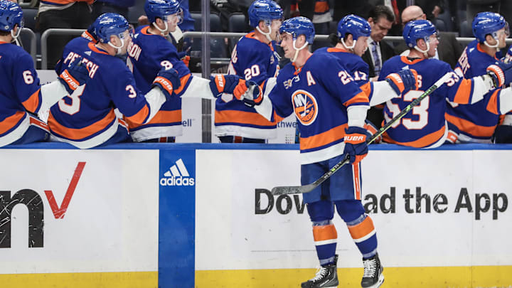 Feb 17, 2023; Elmont, New York, USA;  New York Islanders center Brock Nelson (29) celebrates with