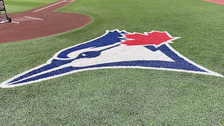 Aug 14, 2022; Toronto, Ontario, CAN; The Toronto Blue Jays logo during batting practice against the Cleveland Guardians at Rogers Centre. Mandatory Credit: Nick Turchiaro-USA TODAY Sports