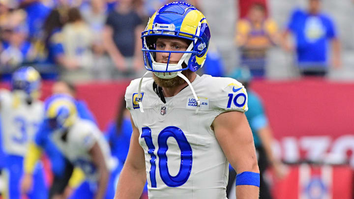 Sep 15, 2024; Glendale, Arizona, USA;  Los Angeles Rams wide receiver Cooper Kupp (10) prior to a game against the Arizona Cardinals at State Farm Stadium. Mandatory Credit: Matt Kartozian-Imagn Images