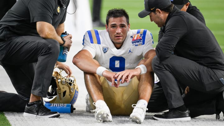 Dec 16, 2023; Inglewood, CA, USA; UCLA Bruins quarterback Collin Schlee (9) reacts after being tackled near the end zone against the Boise State Broncos in the third quarter of the Starco Brands LA Bowl at SoFi Stadium. Mandatory Credit: Robert Hanashiro-USA TODAY Sports Dec 16, 2023; Inglewood, CA, USA; UCLA Bruins quarterback Collin Schlee (9) reacts after being tackled near the end zone against the Boise State Broncos in the third quarter of the Starco Brands LA Bowl at SoFi Stadium. Mandatory Credit: Robert Hanashiro-USA TODAY Sports