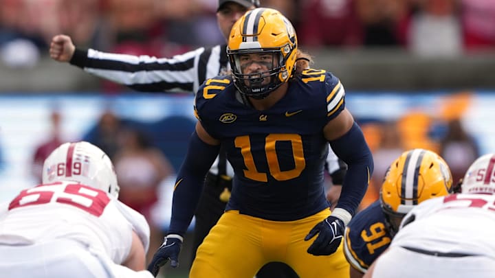 Nov 23, 2024; Berkeley, California, USA; California Golden Bears linebacker Teddye Buchanan (10) during the second quarter against the Stanford Cardinal at California Memorial Stadium. Mandatory Credit: Darren Yamashita-Imagn Images