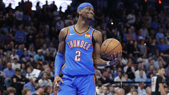 Mar 9, 2026; Oklahoma City, Oklahoma, USA; Oklahoma City Thunder guard Shai Gilgeous-Alexander (2) reacts after the Denver Nuggets score during the second quarter at Paycom Center. Mandatory Credit: Alonzo Adams-Imagn Images