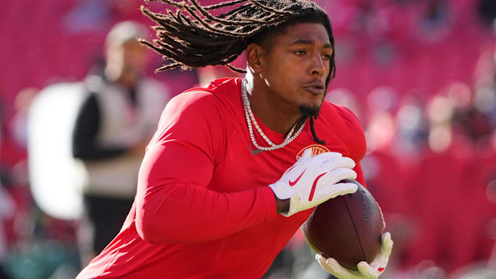 Oct 19, 2025; Kansas City, Missouri, USA; Kansas City Chiefs running back Isiah Pacheco (10) warms up prior to the game against the Las Vegas Raiders at GEHA Field at Arrowhead Stadium.