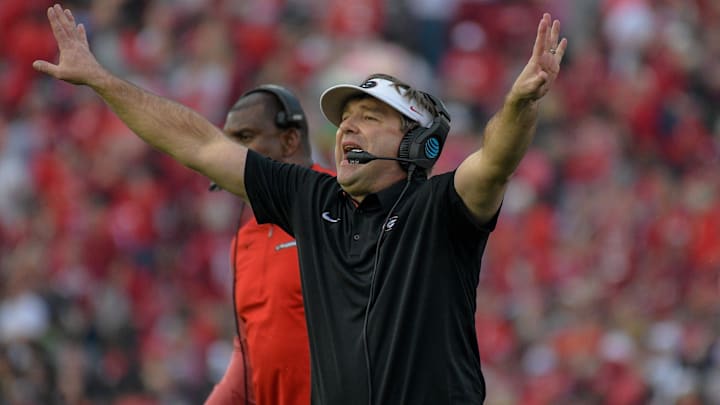 Jan 1, 2018; Pasadena, CA, USA; Georgia Bulldogs head coach Kirby Smart reacts during a game against the Oklahoma Sooners in the 2018 Rose Bowl college football playoff semifinal game at Rose Bowl Stadium. Mandatory Credit: Kirby Lee-Imagn Images