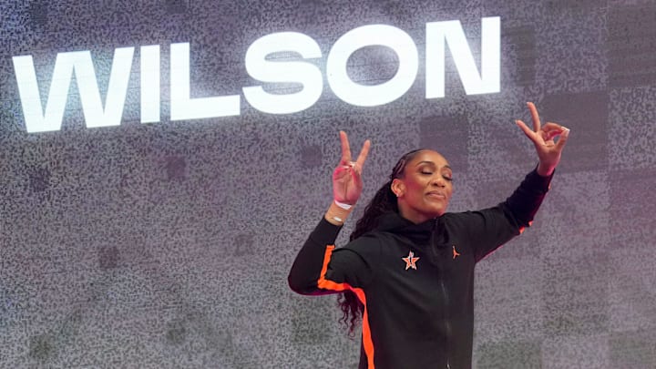 Las Vegas Aces' A’ja Wilson (22) is introduced Saturday, July 19, 2025, ahead of the WNBA All-Star Game at Gainbridge Fieldhouse in Indianapolis.