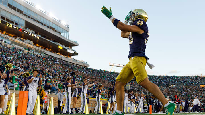 Notre Dame wide receiver Matt Jeffery (33) hypes up the crowd in the second half of a NCAA football game against NC State at Notre Dame Stadium on Saturday, Oct. 11, 2025, in South Bend.