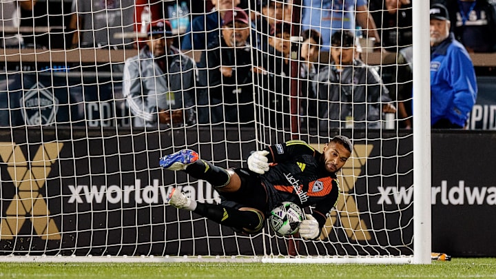 Aug 5, 2024; Commerce City, Colorado, USA; Colorado Rapids goalkeeper Zack Steffen (95) makes a save on an overtime penalty kick shootout against Leon at Dick's Sporting Goods Park. Mandatory Credit: Isaiah J. Downing-USA TODAY Sports