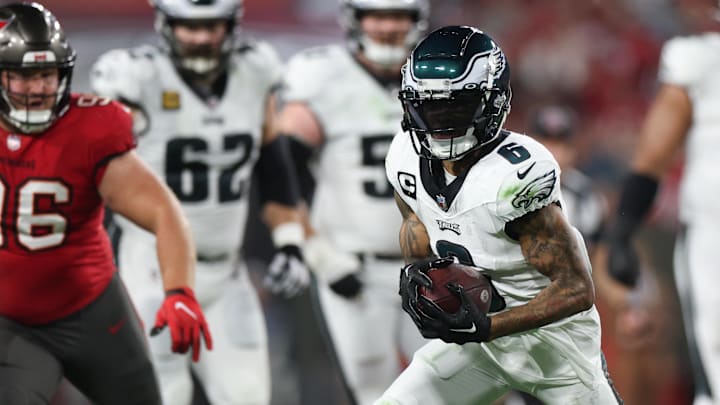 Jan 15, 2024; Tampa, Florida, USA;  Philadelphia Eagles wide receiver DeVonta Smith (6) runs the ball against the Tampa Bay Buccaneers during the first half of a 2024 NFC wild card game at Raymond James Stadium. Mandatory Credit: Nathan Ray Seebeck-USA TODAY Sports