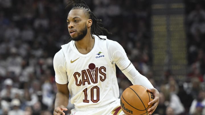 Apr 20, 2024; Cleveland, Ohio, USA; Cleveland Cavaliers guard Darius Garland (10) brings the ball up court in the second quarter against the Orlando Magic during game one of the first round for the 2024 NBA playoffs at Rocket Mortgage FieldHouse. Mandatory Credit: David Richard-USA TODAY Sports