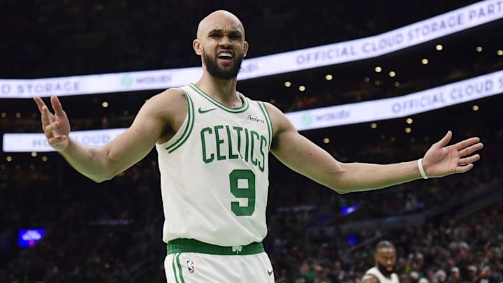 Apr 20, 2025; Boston, Massachusetts, USA;  Boston Celtics guard Derrick White (9) reacts after a non call during the second half against the Orlando Magic at TD Garden. Mandatory Credit: Bob DeChiara-Imagn Images