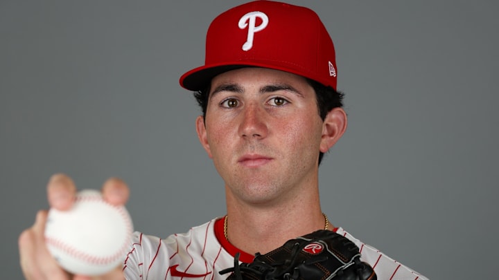 Feb 20, 2025; Clearwater, FL, USA; Philadelphia Phillies pitcher Andrew Painter (76) participates in media day at BayCare Ballpark. Feb 20, 2025; Clearwater, FL, USA; Philadelphia Phillies pitcher Andrew Painter (76) participates in media day at BayCare Ballpark.