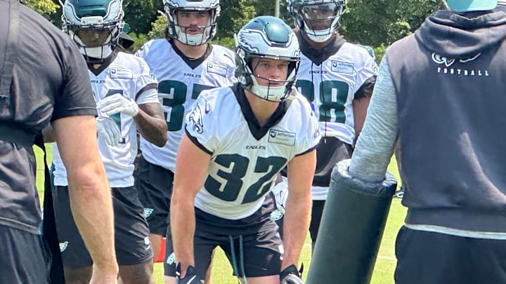 Safety Reed Blankenship prepares to do a drill during an Eagles OTA practice on June 3, 2025.