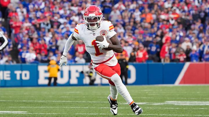 Kansas City Chiefs wide receiver Xavier Worthy (1) runs the ball after a catch in the first quarter against the Buffalo Bills at Highmark Stadium. Kansas City Chiefs wide receiver Xavier Worthy (1) runs the ball after a catch in the first quarter against the Buffalo Bills at Highmark Stadium.