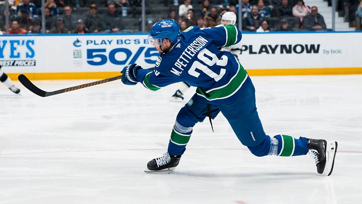 Mar 26, 2026; Vancouver, British Columbia, CAN; Vancouver Canucks defenseman Marcus Pettersson (29) shoots against the Los Angeles Kings in the second period at Rogers Arena. Mandatory Credit: Bob Frid-Imagn Images