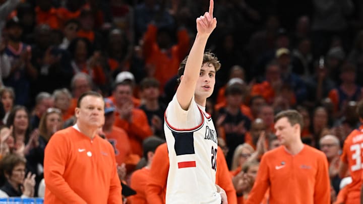 Mar 30, 2024; Boston, MA, USA; Connecticut Huskies guard Andrew Hurley (20) reacts after the game