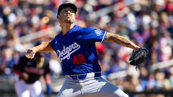 Los Angeles Dodgers pitcher Michael Hobbs pitches against the Cleveland Guardians on March 11, 2024, at Goodyear Ballpark. Los Angeles Dodgers pitcher Michael Hobbs pitches against the Cleveland Guardians on March 11, 2024, at Goodyear Ballpark.
