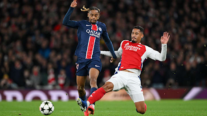 Arsenal FC v Paris Saint-Germain - UEFA Champions League 2024/25 League Phase, Bradley Barcola stopped by William Saliba