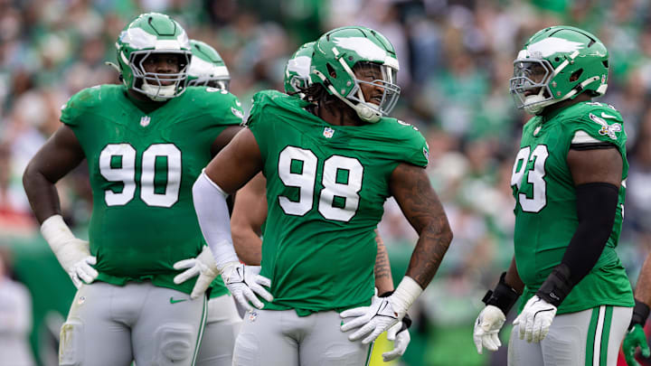 Dec 29, 2024; Philadelphia, Pennsylvania, USA; Philadelphia Eagles defensive tackle Jalen Carter (98) and defensive tackle Jordan Davis (90) and defensive tackle Milton Williams (93) during the second quarter against the Dallas Cowboys at Lincoln Financial Field. Mandatory Credit: Bill Streicher-Imagn Images