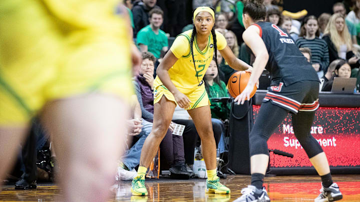 Oregon guard Chance Gray looks to move as the Oregon Ducks host the No. 16 Utah Utes.