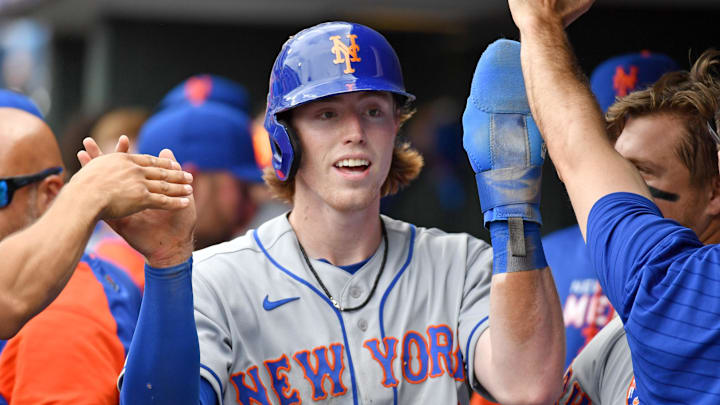 Aug 21, 2022; Philadelphia, Pennsylvania, USA; New York Mets third baseman Brett Baty (22)