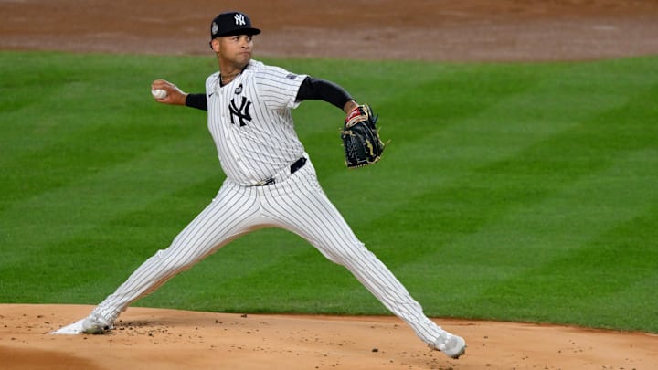 Oct 29, 2024; New York, New York, USA; New York Yankees pitcher Luis Gil (81) throws during the first inning in game four of the 2024 MLB World Series against the Los Angeles Dodgers at Yankee Stadium. Mandatory Credit: John Jones-Imagn Images