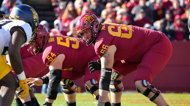 Iowa State offensive lineman Tyler Miller (66) waits for the snap against West Virginia during an NCAA football game at Jack Trice Stadium in Ames on Saturday, Nov. 5, 2022.