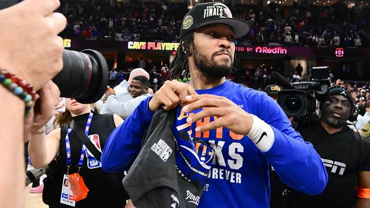 May 25, 2026; Cleveland, Ohio, USA;New York Knicks guard Jalen Brunson (11) looks on after defeating the Cleveland Cavaliers in game four of the eastern conference finals for the 2026 NBA playoffs at Rocket Arena. Mandatory Credit: Ken Blaze-Imagn Images