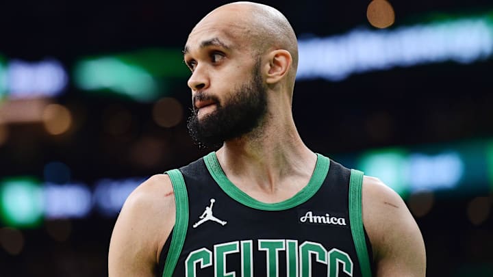 May 14, 2025; Boston, Massachusetts, USA; Boston Celtics guard Derrick White (9) in the first half during game five of the second round for the 2025 NBA Playoffs against the New York Knicks at TD Garden. Mandatory Credit: Bob DeChiara-Imagn Images