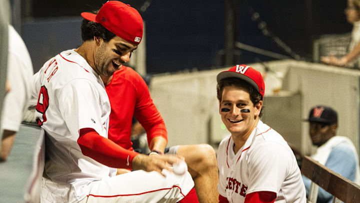 Marcelo Mayer and Roman Anthony wait for Friday fireworks at Polar Park after a WooSox game on May 2, 2025.