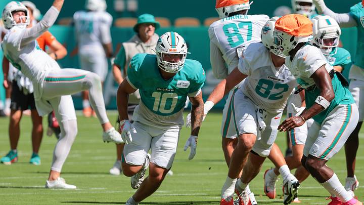 Miami Dolphins inside linebacker Jacob Rodriguez (10) works during practice at Hard Rock Stadium. Miami Dolphins inside linebacker Jacob Rodriguez (10) works during practice at Hard Rock Stadium.