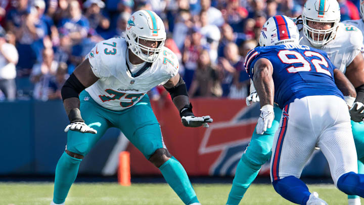 Miami Dolphins guard Austin Jackson (73) prepares to block Buffalo Bills defensive tackle DaQuan Jones (92) in the fourth quarter at Highmark Stadium.