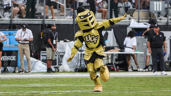 Aug 28, 2025; Orlando, Florida, USA; UCF Knights mascot Knightro performs before the game against the Jacksonville State Gamecocks at Acrisure Bounce House. Mandatory Credit: Mike Watters-Imagn Images Aug 28, 2025; Orlando, Florida, USA; UCF Knights mascot Knightro performs before the game against the Jacksonville State Gamecocks at Acrisure Bounce House. Mandatory Credit: Mike Watters-Imagn Images