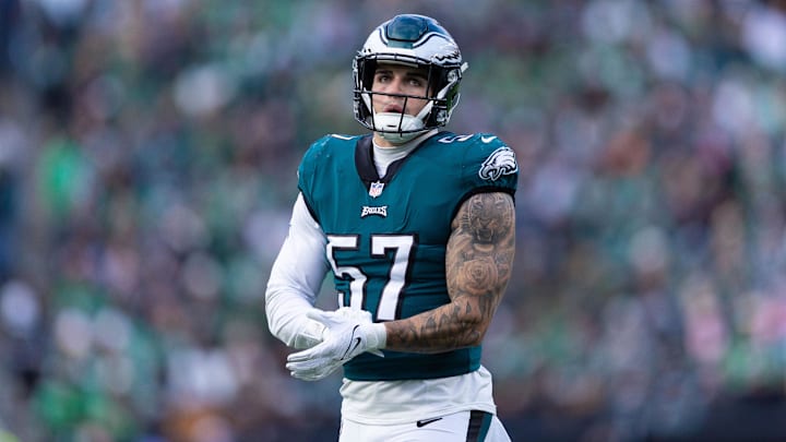 Dec 31, 2023; Philadelphia, Pennsylvania, USA; Philadelphia Eagles linebacker/fullback Ben VanSumeren (57) in a game against the Arizona Cardinals at Lincoln Financial Field. Dec 31, 2023; Philadelphia, Pennsylvania, USA; Philadelphia Eagles linebacker/fullback Ben VanSumeren (57) in a game against the Arizona Cardinals at Lincoln Financial Field.