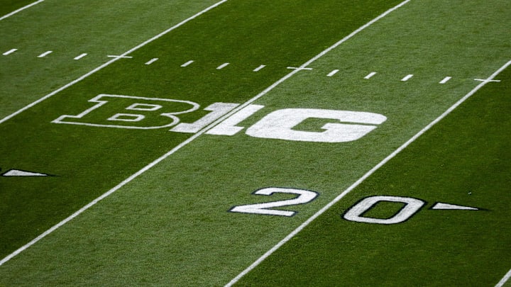 Sep 23, 2023; University Park, Pennsylvania, USA; A detailed view of the Big Ten Conference logo on the field prior to the game between the Iowa Hawkeyes and the Penn State Nittany Lions at Beaver Stadium. Mandatory Credit: Matthew O'Haren-USA TODAY Sports