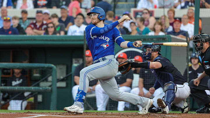 Mar 7, 2024; Lakeland, Florida, USA; Toronto Blue Jays catcher Danny Jansen (9) bats during the