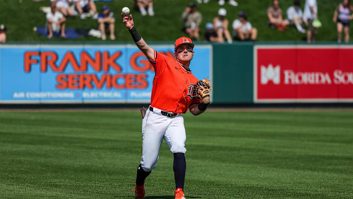 Mar 1, 2026; Lakeland, Florida, USA; Detroit Tigers shortstop Kevin McGonigle (85) warms up before the game against the Toronto Blue Jays at Publix Field at Joker Marchant Stadium. Mandatory Credit: Mike Watters-Imagn Images