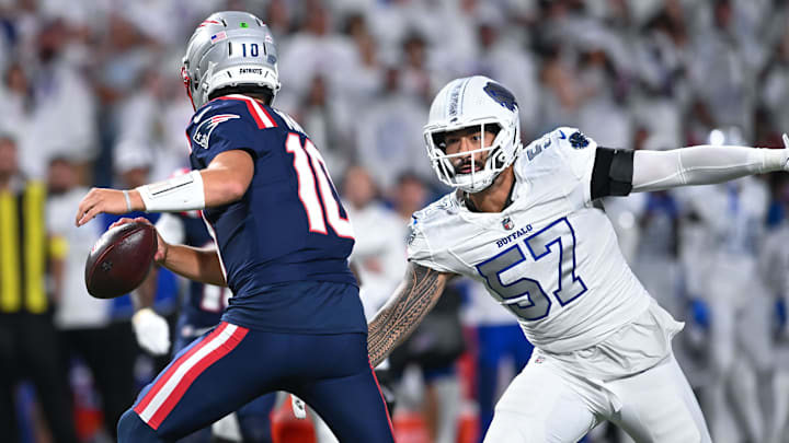 Buffalo Bills defensive end A.J. Epenesa (57) pressures New England Patriots quarterback Drake Maye (10) in the first quarter at Highmark Stadium last season.