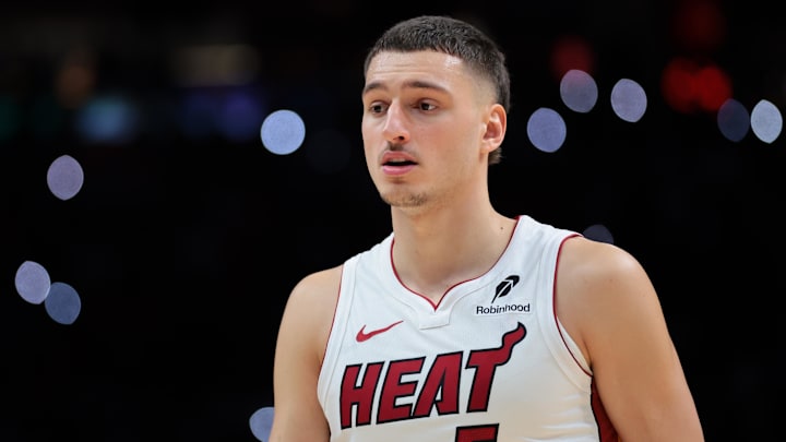 Oct 28, 2025; Miami, Florida, USA; Miami Heat forward Nikola Jovic (5) looks on against the Charlotte Hornets during the fourth quarter at Kaseya Center. Mandatory Credit: Sam Navarro-Imagn Images