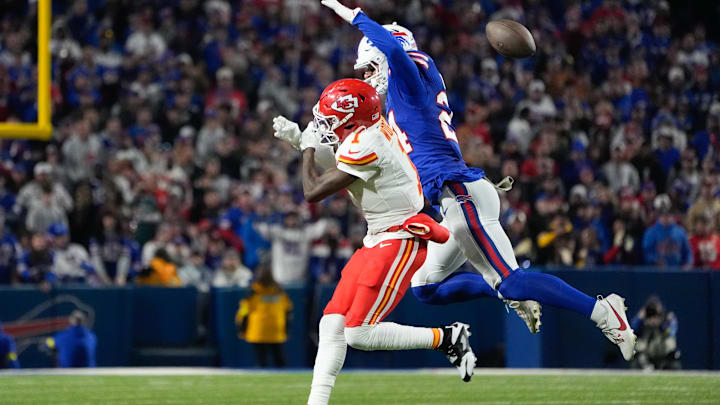 Nov 2, 2025; Orchard Park, New York, USA; Buffalo Bills safety Cole Bishop (24) breaks a pass intended for Kansas City Chiefs wide receiver Xavier Worthy (1) in the second quarter at Highmark Stadium. Mandatory Credit: Gregory Fisher-Imagn Images Nov 2, 2025; Orchard Park, New York, USA; Buffalo Bills safety Cole Bishop (24) breaks a pass intended for Kansas City Chiefs wide receiver Xavier Worthy (1) in the second quarter at Highmark Stadium. Mandatory Credit: Gregory Fisher-Imagn Images