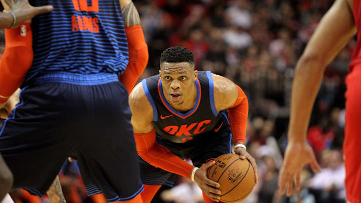 Dec 25, 2018; Houston, TX, USA; Oklahoma City Thunder guard Russell Westbrook (0) handles the ball against the Houston Rockets during the fourth quarter at Toyota Center. Mandatory Credit: Erik Williams-Imagn Images Dec 25, 2018; Houston, TX, USA; Oklahoma City Thunder guard Russell Westbrook (0) handles the ball against the Houston Rockets during the fourth quarter at Toyota Center. Mandatory Credit: Erik Williams-Imagn Images