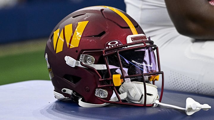 Nov 23, 2023; Arlington, Texas, USA; A view of a Washington Commanders helmet during the game between the Dallas Cowboys and the Washington Commanders at AT&T Stadium. Mandatory Credit: Jerome Miron-Imagn Images