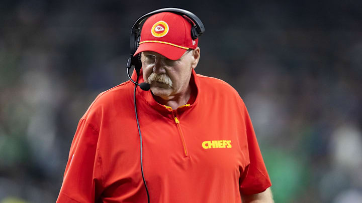 Feb 9, 2025; New Orleans, LA, USA;  Kansas City Chiefs head coach Andy Reid against the Philadelphia Eagles in Super Bowl LIX at Ceasars Superdome. Mandatory Credit: Mark J. Rebilas-Imagn Images