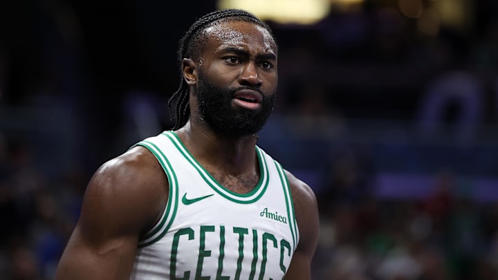 Dec 23, 2024; Orlando, Florida, USA; Boston Celtics guard Jaylen Brown (7) reacts after a play against the Orlando Magic in the third quarter at Kia Center. Mandatory Credit: Nathan Ray Seebeck-Imagn Images